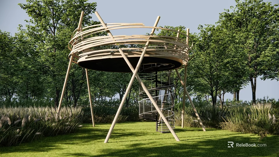 Modern Wooden Observation Deck With Spiral Staircase In Lush Green Park Setting 3d model 