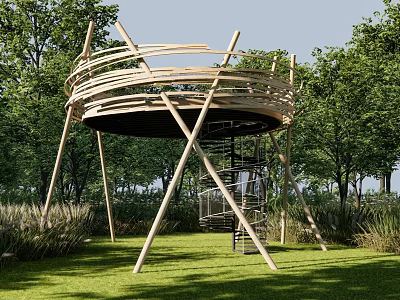 Modern Wooden Observation Deck With Spiral Staircase In Lush Green Park Setting 3d model
