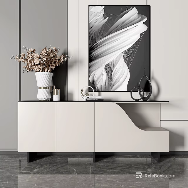 Modern Minimalist Entryway Side Cabinet With White Vase Decorations And Mirror 3d model 