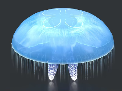 Blue Glowing Jellyfish with Umbrella-shaped Body Long Tentacles and Foot-like Appendages 3d model