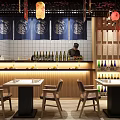 Japanese Restaurant Interior With Cherry Blossom Decor Lanterns Wave Murals And Wooden Tables Chairs