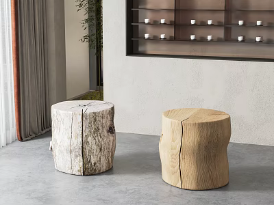 Natural Style Wooden Tree Stump Shaped Stools With Light And Dark Textures 3d model