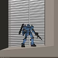 Blue Robot Sculpture Holding Weapons On Windowsill By Window With Blinds 3d model