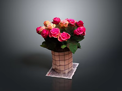 Fresh Pink And Orange Roses In Checkered Vase On Patterned Mat With Dark Background 3d model