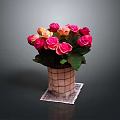 Fresh Pink And Orange Roses In Checkered Vase On Patterned Mat With Dark Background