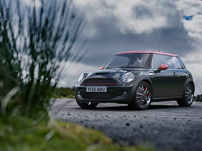 Green MINI Cooper Car with Red Roof Driving on Rural Countryside Road 3d model