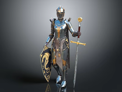 Medieval Knight in Shining Armor Holding Sword And Shield With Dragon Emblem 3d model