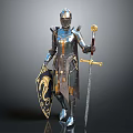 Medieval Knight in Shining Armor Holding Sword And Shield With Dragon Emblem