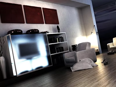 Modern Living Room with Sofa and Coffee Table Set TV Stand Bookshelf and Floor Lamp 3d model