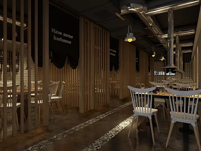 Modern Restaurant Interior With Wooden Partitions White Chairs Dining Area And Pendant Lights 3d model