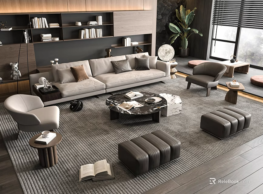 Modern Gray Sofa And Marble Coffee Table Set With Accent Chairs Ottomans Decorative Rug 3d model 
