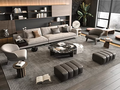 Modern Gray Sofa And Marble Coffee Table Set With Accent Chairs Ottomans Decorative Rug 3d model