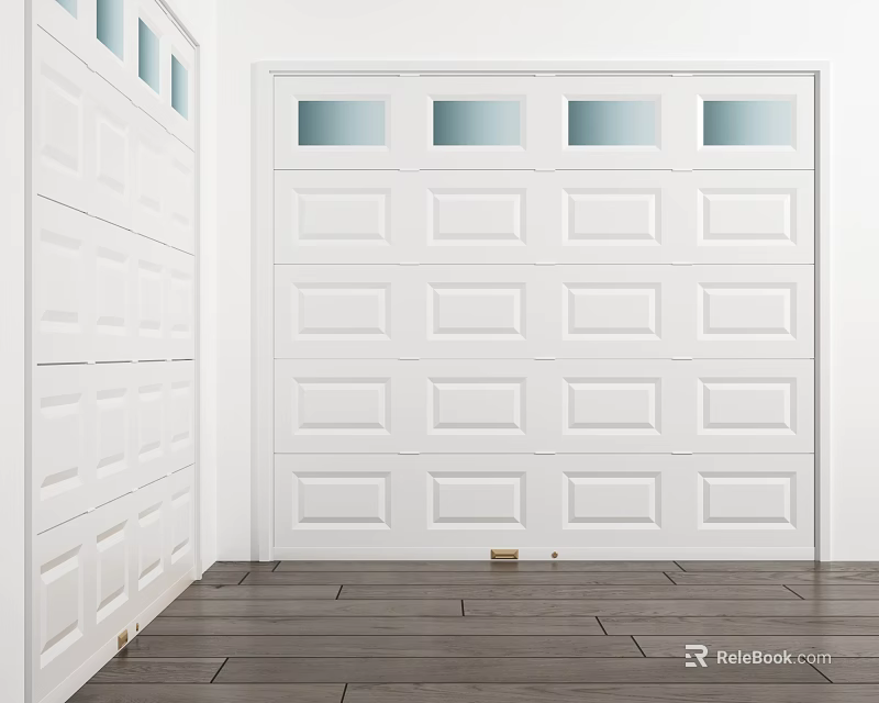 White Garage Doors With Multiple Small Windows And Dark Wooden Floor 3d model 