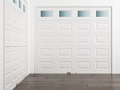 White Garage Doors With Multiple Small Windows And Dark Wooden Floor 3d model
