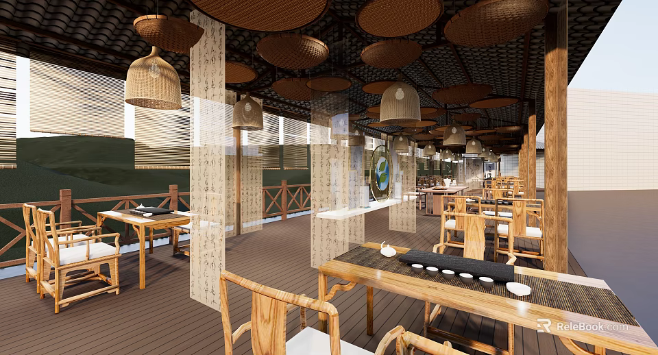 Elegant Teahouse Interior Featuring Wooden Tables Bamboo Lanterns Screens Tea Sets And Mountain Views 3d model 