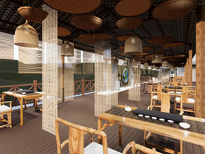 Elegant Teahouse Interior Featuring Wooden Tables Bamboo Lanterns Screens Tea Sets And Mountain Views 3d model