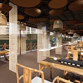Elegant Teahouse Interior Featuring Wooden Tables Bamboo Lanterns Screens Tea Sets And Mountain Views