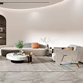 Modern Living Room Sofa And Coffee Table Set With Orange Pillows Green Plants And Decorative Bookshelves