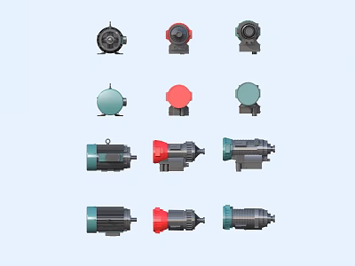 Various Types Of Industrial Equipment Including Pumps And Motors In Black Red Green Colors 3d model