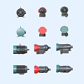 Various Types Of Industrial Equipment Including Pumps And Motors In Black Red Green Colors