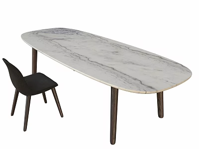 Oval Marble Top Dining Table Set with Black Wooden Leg Chair 3d model