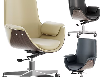 Modern Office Table and Chair Set with Beige Black Leather Wooden Swivel Chairs on Wheels 3d model