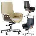 Modern Office Table and Chair Set with Beige Black Leather Wooden Swivel Chairs on Wheels