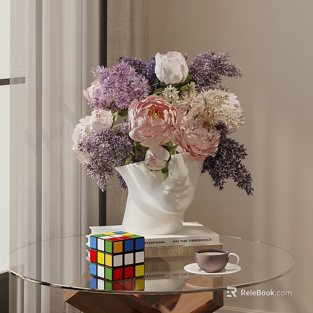 Elegant White Face Shaped Vase With Pink Peonies And Purple Lavender On Glass Table 3d model 