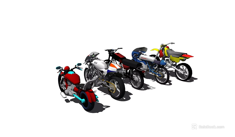 Different Colored Motorcycles With Various Styles Parked Side By Side 3d model 