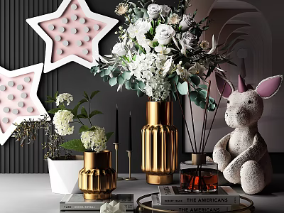 Decorative Ornament Set With Pink Star Gold Vase Unicorn Plush White Gray Flowers Modern Interior 3d model