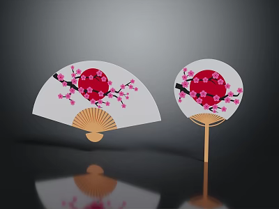 Japanese Style Hanging Fan Decor With Cherry Blossom And Red Sun Pattern 3d model