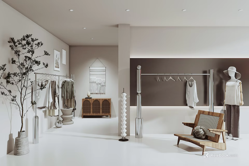 Modern Clothing Store Interior With Clothing Racks Mannequin Chair And Decorative Plant 3d model 