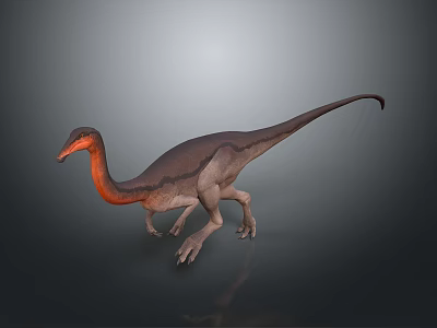 Realistic 3D Rendered Dinosaur Model Featuring Orange Neck Brown Grey Stripes And Slender Tail 3d model