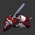 Anime Style Character With Red Black Hair Holding Sword In Dynamic Red Black Checkered Outfit Pose