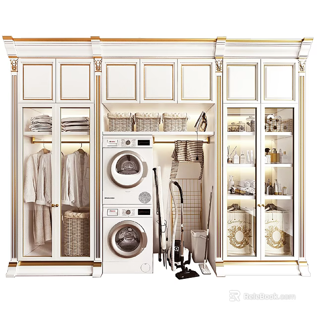 Elegant White Bathroom Cabinetry With Glass Doors Hanging Robes Storage Baskets Washer And Dryer 3d model 