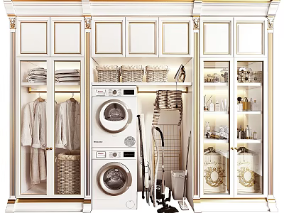 Elegant White Bathroom Cabinetry With Glass Doors Hanging Robes Storage Baskets Washer And Dryer 3d model
