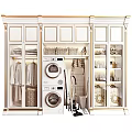 Elegant White Bathroom Cabinetry With Glass Doors Hanging Robes Storage Baskets Washer And Dryer