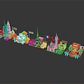 Colorful Cartoon Scenery With Various Countries Famous Landmarks Models And National Flags