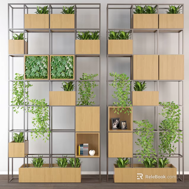 Modern Wooden And Metal Frame Shelving Unit With Green Plants And Decorative Items 3d model 