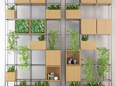 Modern Wooden And Metal Frame Shelving Unit With Green Plants And Decorative Items 3d model