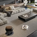 Modern Living Room Sofa and Coffee Table Set With Beige Upholstery Wooden Shelves Green Plants