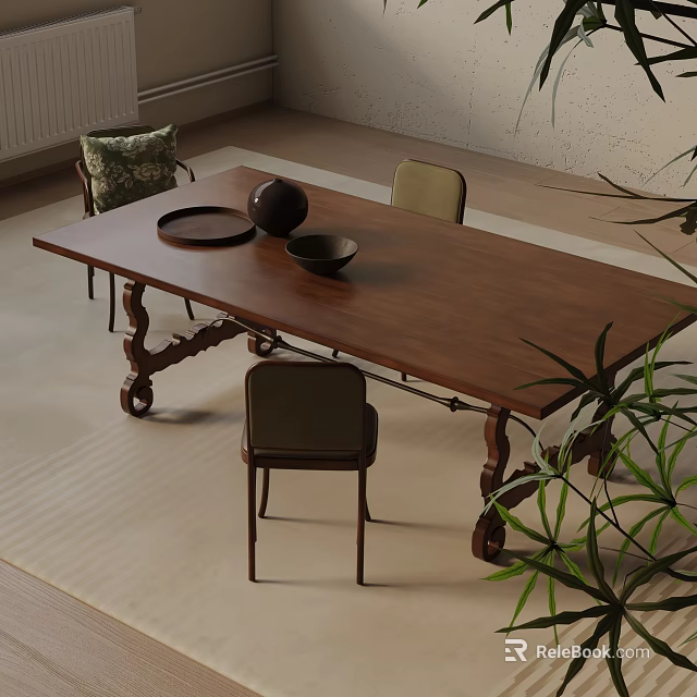 Wooden Dining Table Set with Chairs Bowl and Plate Near Green Plant 3d model 