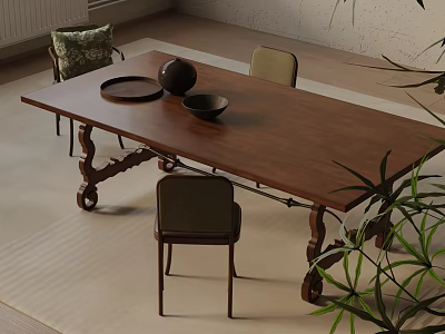 Wooden Dining Table Set with Chairs Bowl and Plate Near Green Plant 3d model