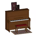Piano Room With Brown Upright Piano Red Stool And Checkered Rug