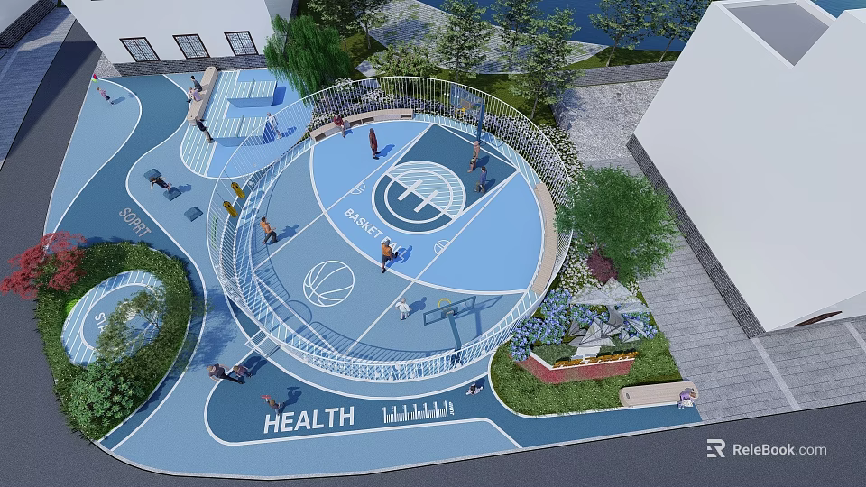 Children's Play Area With Blue Circular Basketball Court Health Theme Green Plants And Fence 3d model 