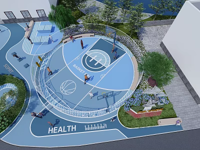 Children's Play Area With Blue Circular Basketball Court Health Theme Green Plants And Fence 3d model