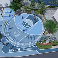 Children's Play Area With Blue Circular Basketball Court Health Theme Green Plants And Fence