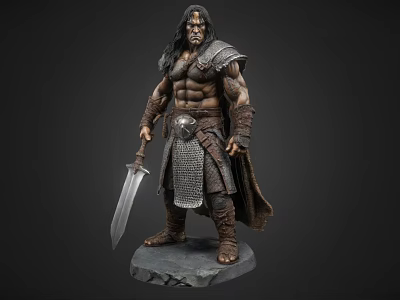 Game Movie Character Muscular Warrior with Armored Shoulders Holding Long Sword Standing on Stone Base 3d model