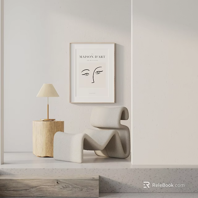 Minimalist Modern Light Toned Accent Chair With Wooden Side Table Table Lamp And Wall Art 3d model 