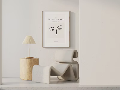 Minimalist Modern Light Toned Accent Chair With Wooden Side Table Table Lamp And Wall Art 3d model